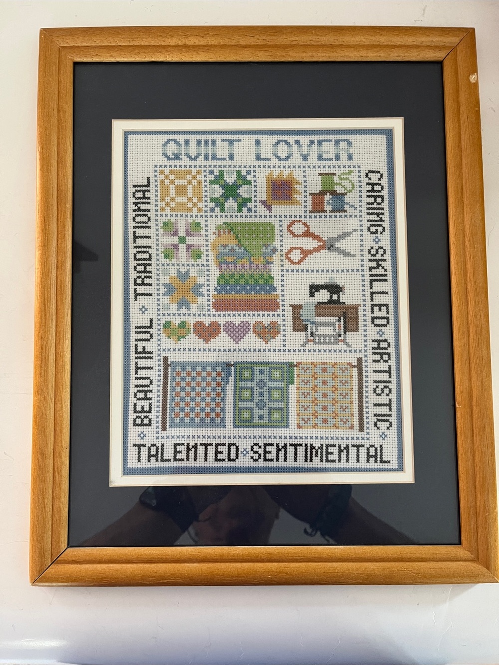 Vintage Framed Quilter Cross Stitch Wall Art - Blue, Green, Tan, Purple